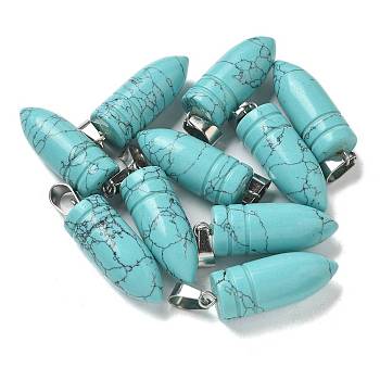 Synthetic Turquoise Pointed Pendants, Bullet Shaped Charms with 201 Stainless Steel Snap on Bails, Stainless Steel Color, 29.5x10mm, Hole: 4x7mm