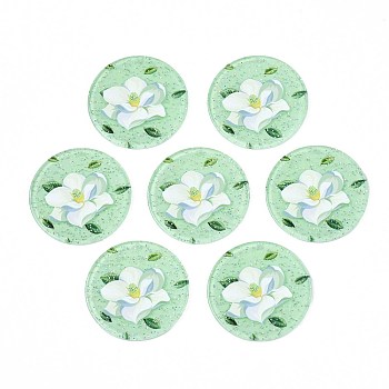 Transparent Printed Acrylic Pendants, with Glitter Powder, Flat Round with Flower, Pale Green, 37.5x2mm, Hole: 1.5mm