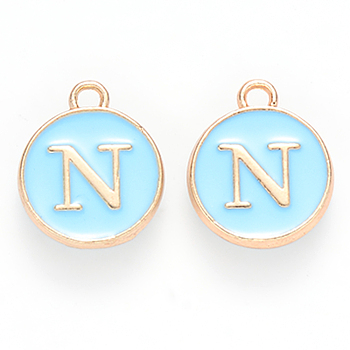 Golden Plated Alloy Enamel Charms, Cadmium Free & Lead Free, Enamelled Sequins, Flat Round, Sky Blue, Letter.N, 14x12x2mm, Hole: 1.5mm