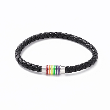 Rainbow Pride Bracelet, PU Leather Braided Cord Bracelet with Enamel Magnetic Clasps for Men Women, Black, 9 inch(22.7cm)