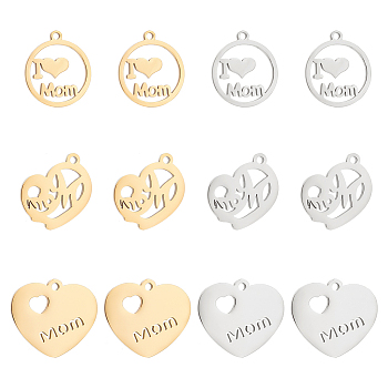 12Pcs 6 Style 304 Stainless Steel Pendants, Mixed Shapes, for Mother's Day, Flat Round & Heart, Golden & Stainless Steel Color, 17.5~19x15.5~20x1~1.5mm, Hole: 1.4~1.6mm, 2pcs/style