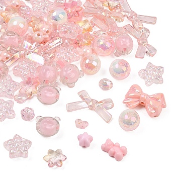 100Pcs 10 Styles UV Plating Opaque & Transparent Acrylic Beads, Mixed Shapes, Pink, 7.5~33mm, Hole: 1.2~4mm, 10pcs/style