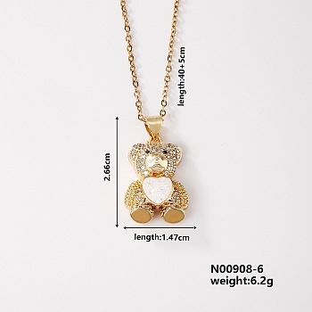 Cute Brass Micro Pave Clear Cubic Zirconia Pendant Necklaces for Women, with Opal, Golden, Bear, 15.75 inch(40cm)