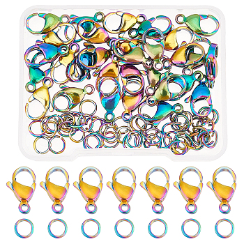 DICOSMETIC 30Pcs Ion Plating(IP) 304 Stainless Steel Lobster Claw Clasps & 50Pcs Open Jump Rings, Rainbow Color, Lobster Claw Clasps: 30pcs