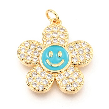 Brass Micro Pave Clear Cubic Zirconia Pendants, with Enamel and Jump Rings, Long-Lasting Plated, Flower with Smiling Face, Real 18K Gold Plated, Dark Turquoise, 24x22x3mm, Hole: 3mm