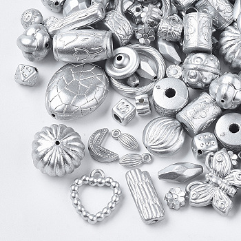 Plated Acrylic Beads, Mixed Style, Silver Color Plated, 8~17x4~11x4~11mm, Hole: 1~3mm