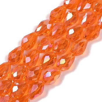 Transparent Electroplate Glass Beads Strands, AB Color Plated, Faceted, Teardrop, Dark Orange, 6x4mm, Hole: 0.9mm, about 65~67pcs/strand, 15.35~16.4''(39~41cm)