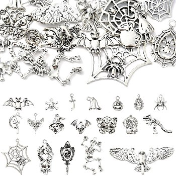 20Pcs 20 Styles Halloween Theme Tibetan Style Alloy Pendants, Mixed Shapes, Antique Silver, 14~53.5x7~70x1.5~5mm, Hole: 0.8~2.5mm, 1pc/style