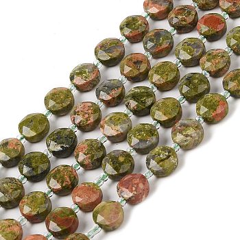 Natural Unakite Bead Strands, Faceted, Flat Round, 10~10.5x10.5~11x5.5~6mm, Hole: 1mm, about 29pcs/strand, 14.76 inch(37.5cm)