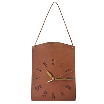 PU Leather Clock Wall Hanging Ornaments, for Coffee Shop Bedroom Living Room Decoration, Rectangle, Saddle Brown, 465mm