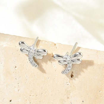 Brass Micro Pave Clear Cubic Zirconia Stud Earrings, Lead Free & Cadmium Free, Long-Lasting Plated, Rack Plating, Platinum, Dragonfly, 8x11mm