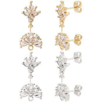4 Pairs 4 Style Brass Cubic Zirconia Flower Stud Earring Findings, with Cup Pearl Peg Bails & Horizontal Loops & 8Pcs Ear Nuts, Platinum & Golden, 15mm, Pin: 0.7mm, 1 Pair/style
