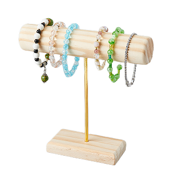 Wood T Bar Bracelet Holder Stand with Goleden Plated Iron Support, Jewelry Display Organizer for Bracelets, Navajo White, 6x19.4x20.2cm