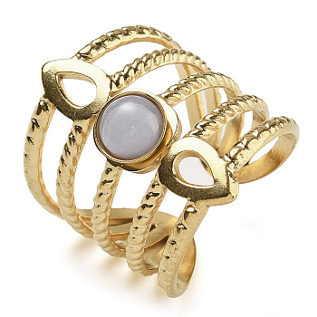 Natural Blue Lace Agate Finger Rings, Teardrop 304 Stainless Steel Multi-layer Open Cuff Rings, Real 18K Gold Plated, 24mm, Adjustable