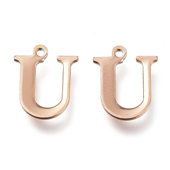 Vacuum Plating  304 Stainless Steel Charms, Laser Cut, Alphabet, Rose Gold, Letter.U, 12x10x0.8mm, Hole: 1mm