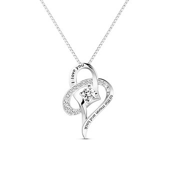 TINYSAND Rhodium Plated 925 Sterling Silver Heart to Heart Necklace, with Cubic Zirconia, Platinum, 13.5 inch