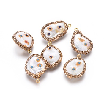 Natural Cultured Freshwater Pearl Pendants, with Polymer Clay Rhinestone, Synthetic Gemstone and Brass Finding, Teardrop, Golden, Golden, 26.5~32.5x19~22.5x6.5~11.5mm, Hole: 1.5mm