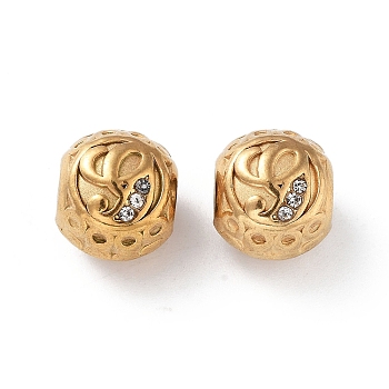 304 Stainless Steel Rhinestone European Beads, Round Large Hole Beads, Real 18K Gold Plated, Round with Letter, Letter G, 11x10mm, Hole: 4mm