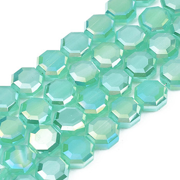 Electroplate Glass Beads Strands, Imitation Jade Beads, AB Color Plated, Faceted, Octagon, Turquoise, 7~8x7~8x4mm, Hole: 1.2mm, about 72pcs/strand, 20.47 inch(52cm)