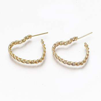 Brass Micro Pave Clear Cubic Zirconia Half Hoop Earrings, Stud Earring, Heart, Nickel Free, Real 18K Gold Plated, 32.5x24x3.5mm, Pin: 0.7mm