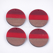 Tri-color Resin & Walnut Wood Pendants, Flat Round, Red, 28x3.5mm, Hole: 2mm(RESI-S358-78C)