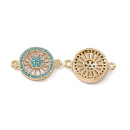 Brass Pave Clear & Deep Sky Blue Cubic Zirconia Connector Charms, Flat Round Links, Real 18K Gold Plated, 13.5x20x4mm, Hole: 1.4mm(KK-E068-VC076)