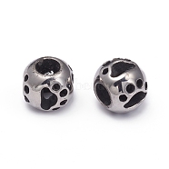 304 Stainless Steel European Beads, Large Hole Beads, Rondelle with Hollow Dog Footprints, Antique Silver, 10x11.5mm, Hole: 5.5mm(STAS-G220-33AS)