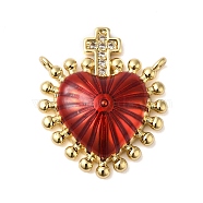 Rack Plating Brass Micro Pave Clear Cubic Zirconia Pendants, with Enamel, Cadmium Free & Lead Free, Real 18K Gold Plated, Heart with Cross Charm, Dark Red, 20x16.5x5mm, Hole: 1mm(KK-S372-02G)