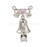 Brass Pendants, with Glass Rhinestone, Christmas Bell Charm, Real Platinum Plated, 28x15x11mm, Hole: 1.4mm(KK-H455-15P)