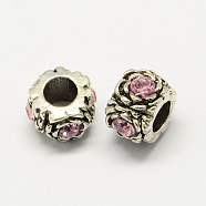 Alloy Rhinestone European Beads, Flower Large Hole Beads, Antique Silver, Light Rose, 12x8mm, Hole: 5mm(MPDL-R036-11I)