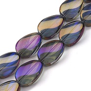 Transparent Electroplate Glass Bead Strands, Rainbow Plated, Teardrop, Purple, 18.5x12.5x6mm, Hole: 1mm, about 40pcs/strand, 29.29 inch(74.4cm)(EGLA-C001-FR04)