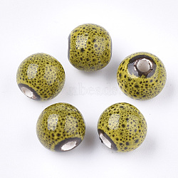 Handmade Porcelain Beads, Fancy Antique Glazed Porcelain, Round, Yellow, 10.5~11x9.5mm, Hole: 2.5mm(PORC-Q262-01E)