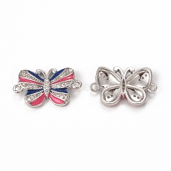 Brass Micro Pave Cubic Zirconia Connector Charms, Enamel Style, Butterfly, Platinum, Hot Pink, 13.5x22.5x3mm, Hole: 1.5mm(KK-E068-VB407-2)