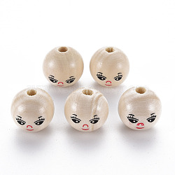 Printed Natural Wood European Beads, Undyed, Large Hole Beads, Round with Expression Pattern, BurlyWood, 21~22x20.5mm, Hole: 5mm, about 158pcs/500g(WOOD-S055-39C-02)