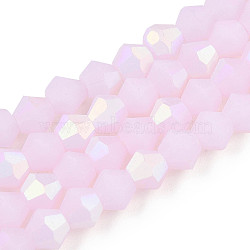 Imitation Jade Bicone Frosted Glass Bead Strands, Half AB Color Plated, Faceted, Pearl Pink, 2.9~3.3x2.5mm, Hole: 0.7mm, about 145~150pcs/strand, 16.34~16.54 inch(41.5~42cm)(EGLA-A039-J2mm-MB02)