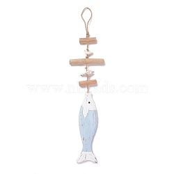 Mediterranean Style Fish Wood Hanging Pendant, Antique Wood Fish Ornament, with Shells, for Home Wall Decor, Light Sky Blue, 480x101x17mm(HJEW-C007-02A)