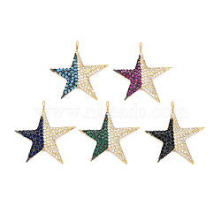 Brass Cubic Zirconia Pendants, Real 18K Gold Plated, Star, Nickel Free, Mixed Color, 31x29x3mm, Hole: 2mm(KK-T004-100-NF)
