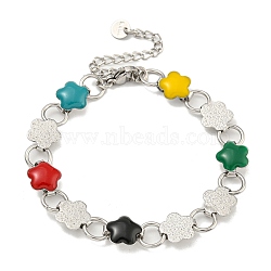 304 Stainless Steel Enamel Flower Link Chain Bracelets with Glitter Powder, Stainless Steel Color, Colorful, 6-7/8 inch(17.5cm)(BJEW-S153-05P-02)