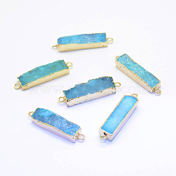 Electroplated Natural Druzy Agate Links/Connectors, Golden, Rectangle, Light Sky Blue, 30~45x8~9x4.5~7.5mm, Hole: 2mm(G-G656-02I)