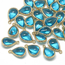 Glass Pendants, with Golden Tone Brass Findings, teardrop, Deep Sky Blue, 18.5x12.5x7mm, Hole: 1.5mm(GLAA-Q068-19A-01)