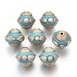Handmade Indonesia Beads, with Metal Findings, Round, Light Gold, Dark Turquoise, 15~16x13.5~15mm, Hole: 1.6mm(IPDL-E012-10B)