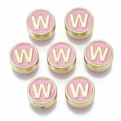 Alloy Enamel Beads, Cadmium Free & Nickel Free & Lead Free, Flat Round with Initial Letters, Light Gold, Letter.W, 8x4mm, Hole: 1.5mm(X-ENAM-S122-028W-NR)