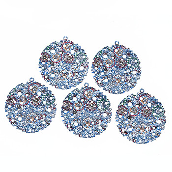 430 Stainless Steel Pendants, Spray Painted, Etched Metal Embellishments, Flower Pattern, Flat Round, Dodger Blue, 45x40.5x0.6mm, Hole: 1.8mm