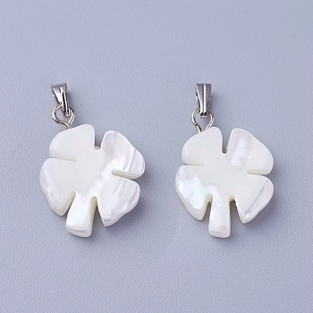 Shell Pendants, with Brass Findings, Four Leaf Clover, Platinum, 19.6~20x13~15x4~4.5mm, Hole: 1.5~2.5x5~6mm