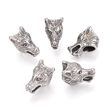 304 Stainless Steel European Style Large Hole Beads, Wolf, Stainless Steel Color, 12.5x10.5x18mm, Hole: 6mm