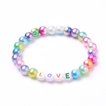 Round Acrylic Imitation Pearl  Stretch Beaded Bracelets, with Flat Round Acrylic Letter Beads, Word Love, Colorful, Inner Diameter: 2-1/4 inch(5.8cm)