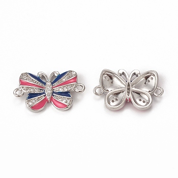 Brass Micro Pave Cubic Zirconia Connector Charms, Enamel Style, Butterfly, Platinum, Hot Pink, 13.5x22.5x3mm, Hole: 1.5mm