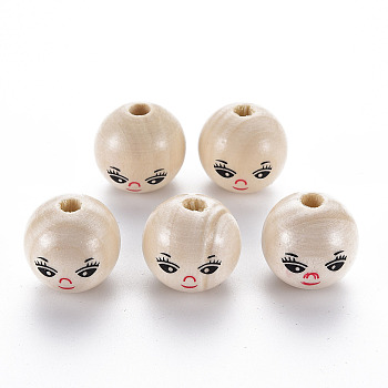 Printed Natural Wood European Beads, Undyed, Large Hole Beads, Round with Expression Pattern, BurlyWood, 21~22x20.5mm, Hole: 5mm, about 158pcs/500g