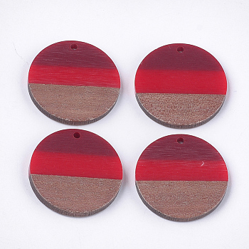 Tri-color Resin & Walnut Wood Pendants, Flat Round, Red, 28x3.5mm, Hole: 2mm