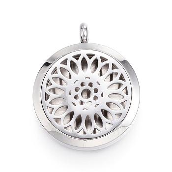 316 Surgical Stainless Steel Diffuser Locket Pendants, with Perfume Pad and Magnetic Clasps, Flat Round with Flower, Stainless Steel Color, 36.5~37x30x6~6.5mm, Hole: 5mm, Inner Diameter: 23mm, 12color/set